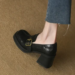 Retro French Style Women Pumps Sqaure Heel Sheepskin Buckle Loafers Slip On Spring Autum Vintage Pumps Round Toe Shoes Woman