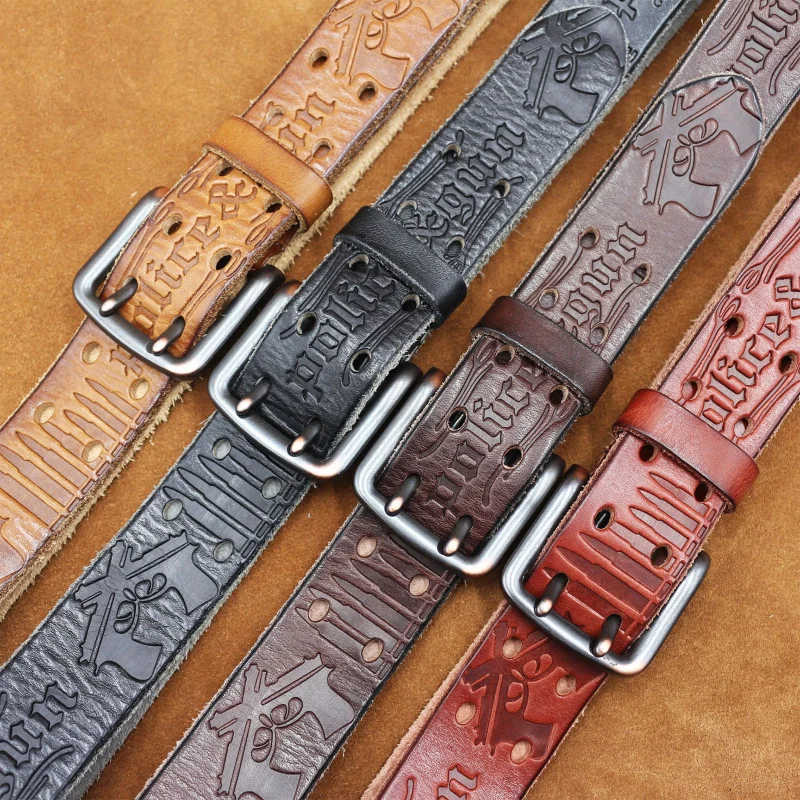 

Western Gun Letter Design Embossed Leather Retro Pin Buckle Men Belt Fashion Cowboy Jeans Belt for mens