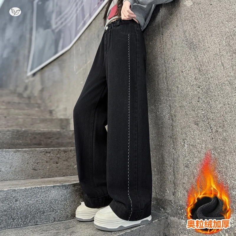 سراويل جينز مبطنة بالصوف للفتيات مع خياطة جانبية وخياطة زخرفية واسعة الساق من قماش الدنيم للأطفال الكبار 2025 سراويل طويلة شتوية جديدة #3