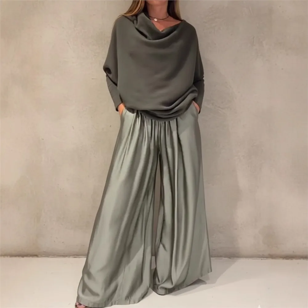 

Lady Two-piece Elegant Top Solid Color Sloped Collar Off-shoulder Top Wide-leg Pants Suit Casual Commuting Irregular 2-piece Set