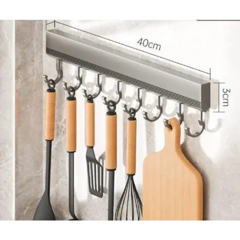 1 Pcs Kitchen Hooks Without Punching Space Aluminum Rack Hanging Rod Wall Hanging Spoon Spatula Shelf Wall Hang 8 Metal Hooks