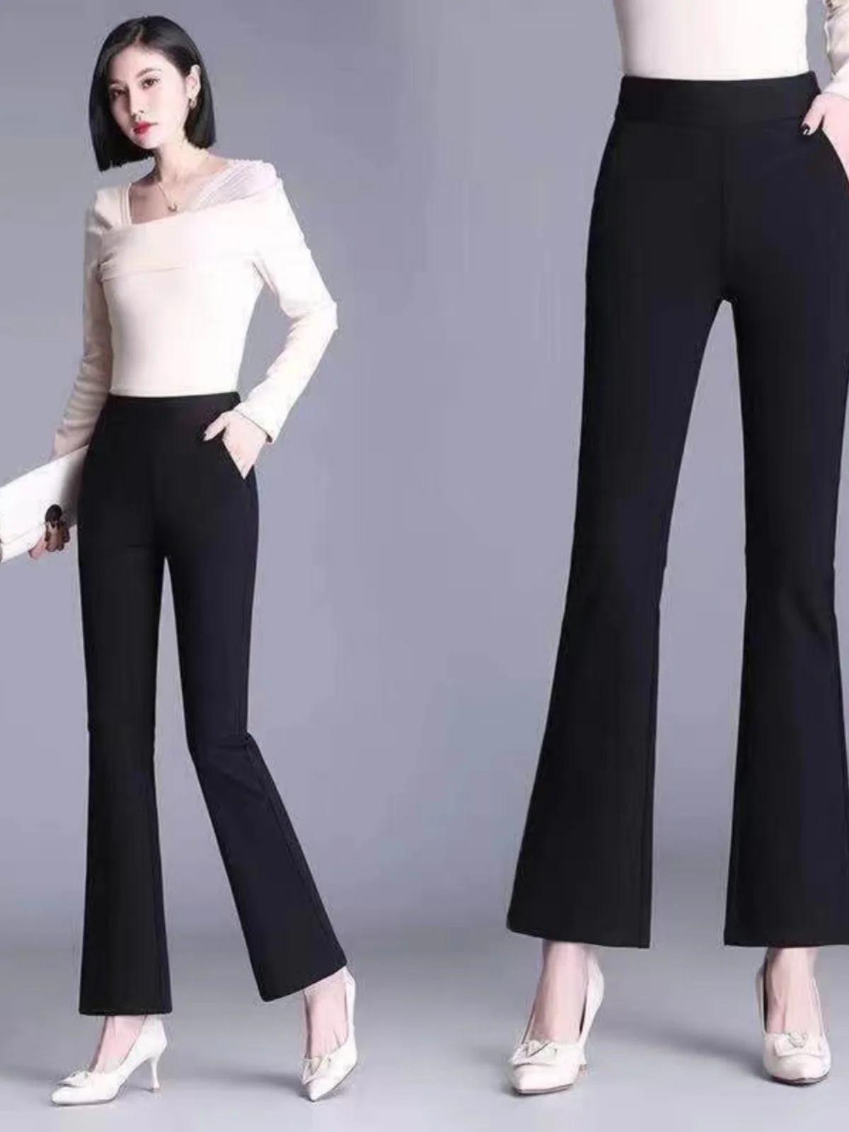 

Женские джинсы-клеш с высокой талией, черные, эластичные, свободного кроя, весна-осень, повседневные, однотонные, утягивающие брюки