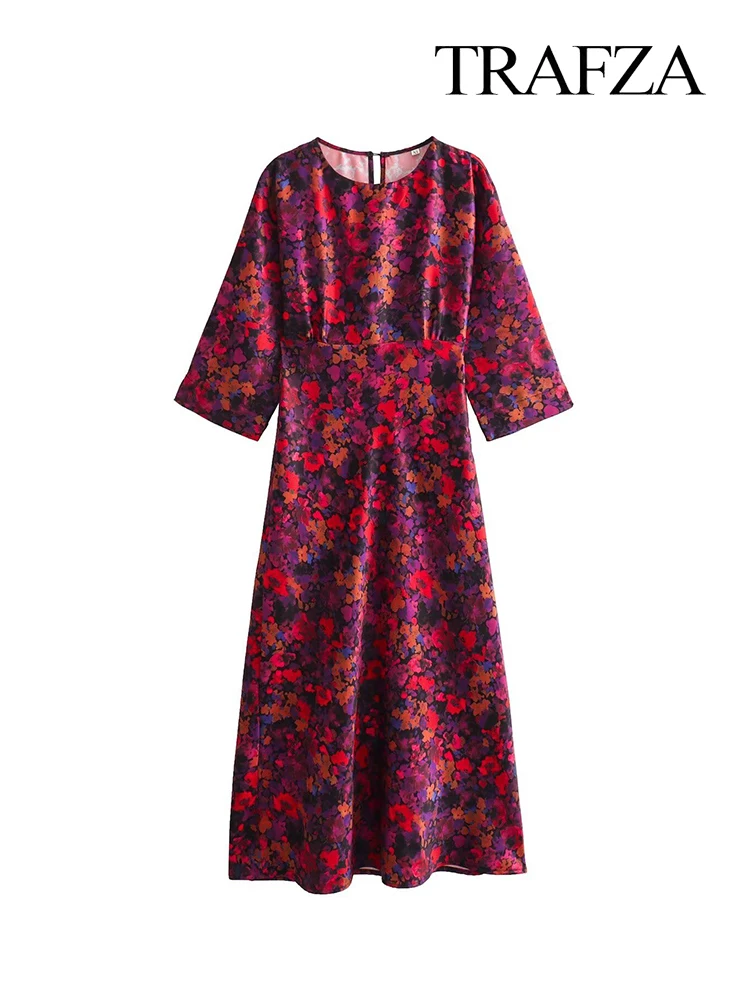 TRAF Damen Elegantes Vintage Vielseitiges Freizeitkleid Floral Print Rundhalsausschnitt Knopfkleid