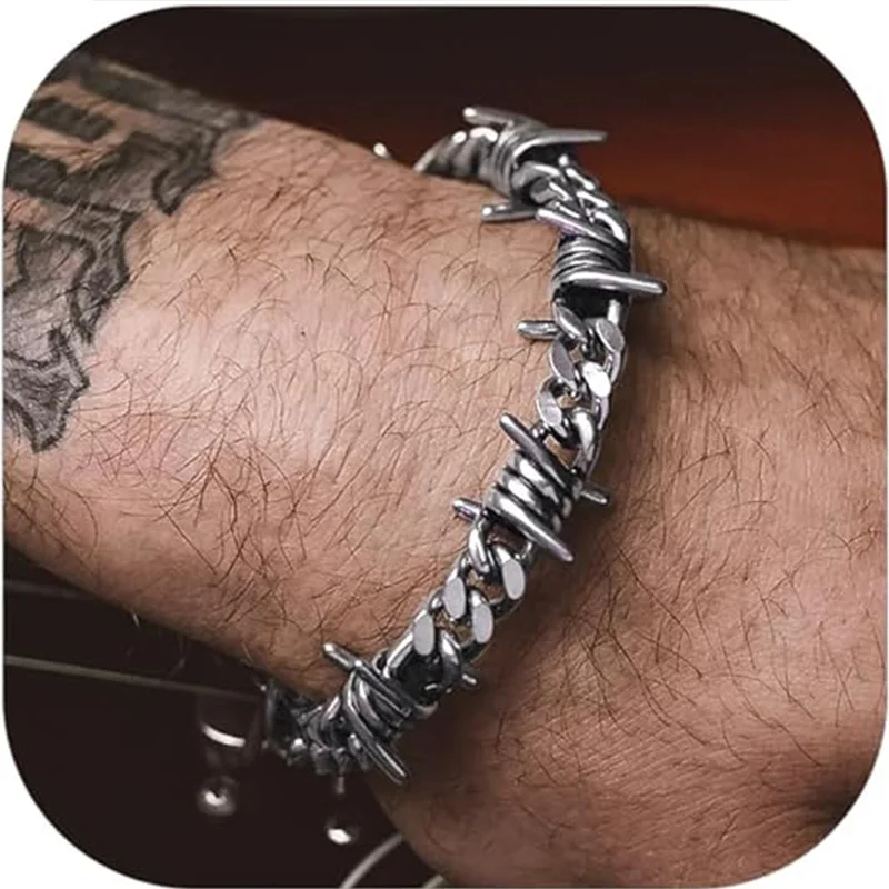 Barbed Wire Chain Bracelets for Men Women Stainless Steel Thorn Cuban Link Chains Bracelet Adjustable Punk Emo Style Jewelry