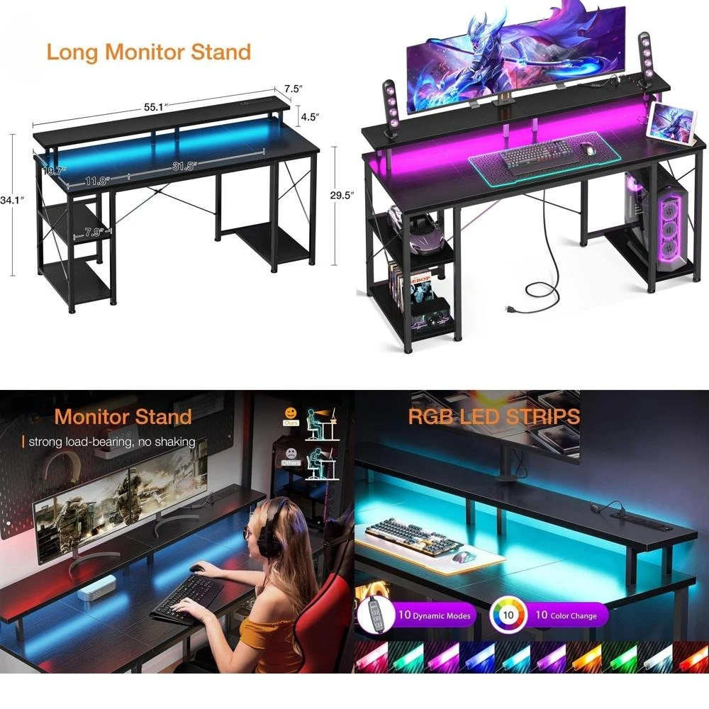 

55 LED-lit Gaming Desk with Power Outlets, Monitor Stand, and Storage Shelves, Black Home Office Desk