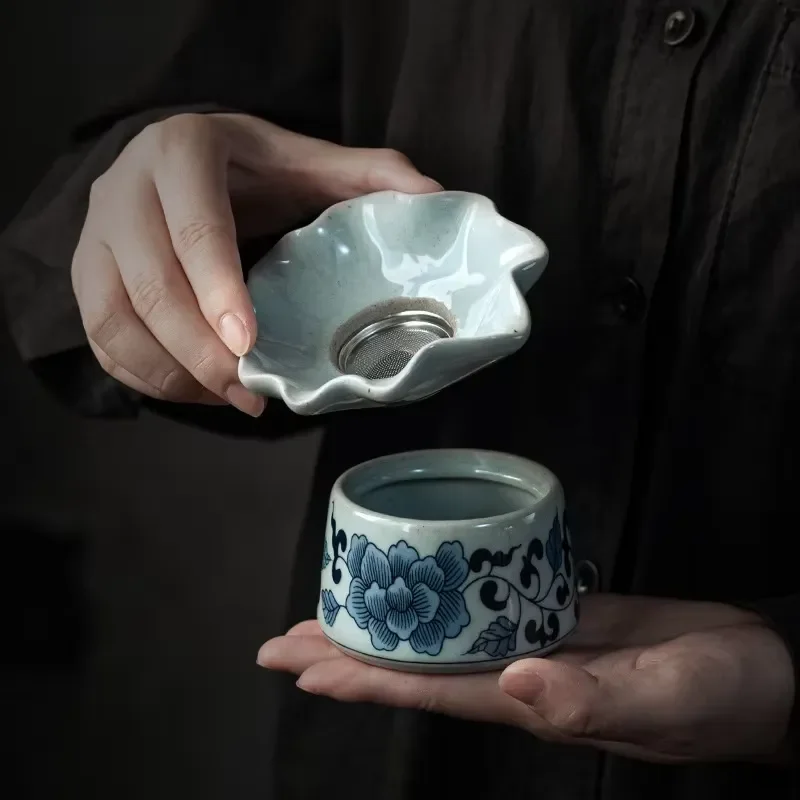 Ceramic Handmade Blue and White Tea Filter Funnel Modern Eco Friendly Kung Fu Tea Set Accessory