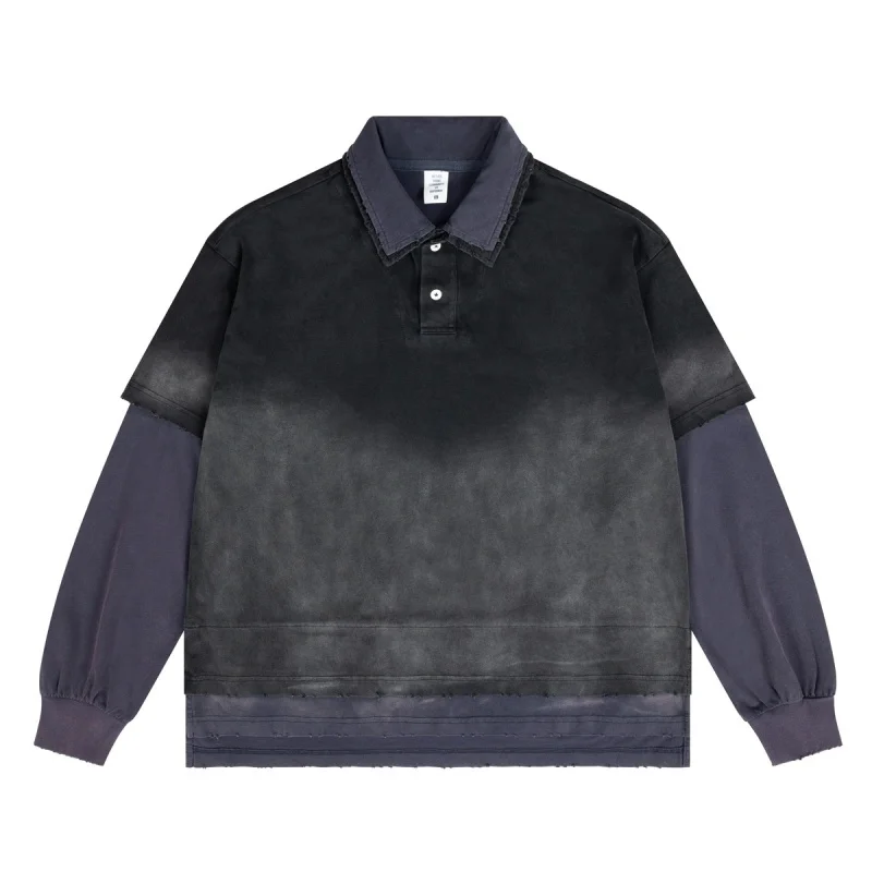 

Y2k Mens Retro Worn Cotton Hoodie Patchwork Long Sleeve Polo Shirt Distressed Vintage Style