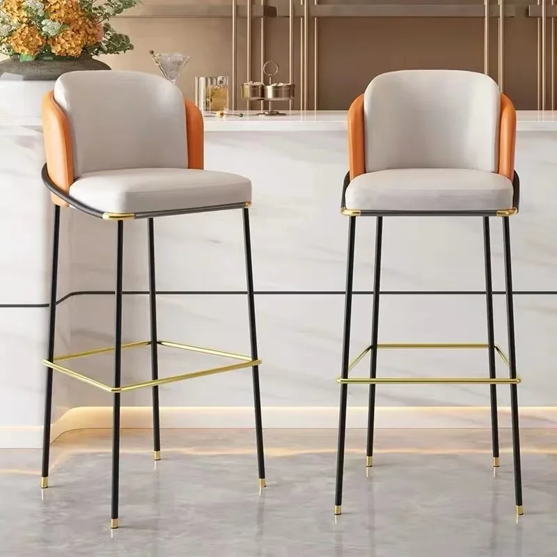 Light luxury leather soft bag wrought iron high bar chair, restaurant hotel leisure bar chair, home backrest front desk chair 5