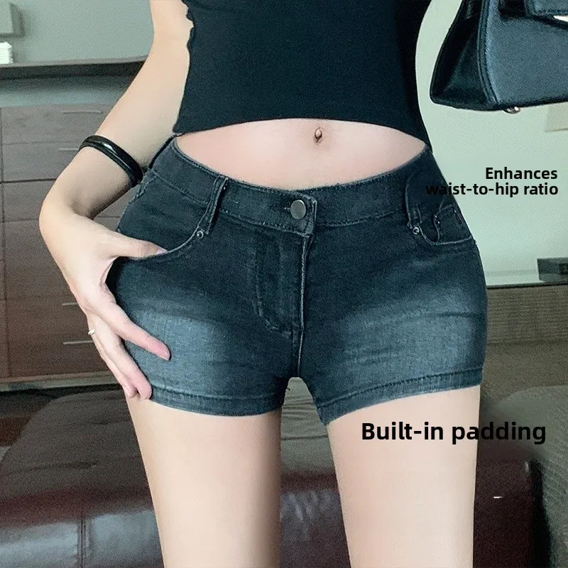 Sexy Low Waist Butt Enhancing Short Jeans Women's Korean Style Versatile Slimming Tight Fit Bodycon Black Grey Denim Shorts