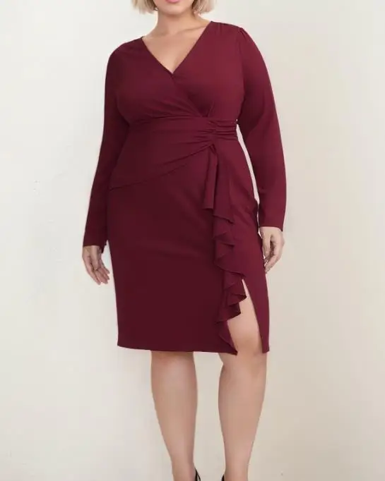 

Autumn Temperament Commuting Plus Size Women's Long Sleeved Cross V-Neck Pleated Slim Slit Dress