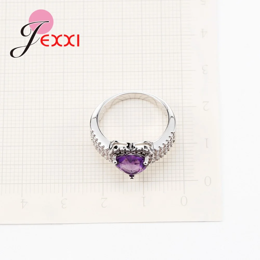 Fashion Luxury Woman Wedding Rings With Heart Purple Crystal Full White Cubic Zirconia 925 Sterling Silver Color Party Jewelry