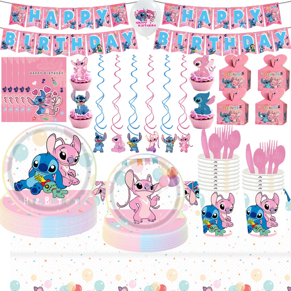 Pink Lilo & Stitch Angel Birthday Party Supply Disposable Tableware Paper Cups Plate Girls birthday party Baby Shower Decoration