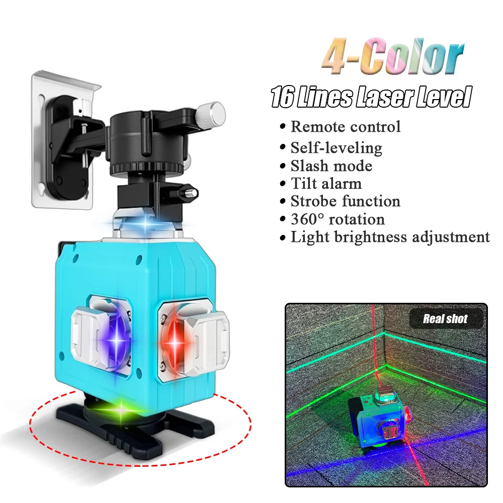 

16 Lines Laser Level with 4 Colors Beam, Remote Control, 4 Brightness Modes, Self-Leveling, Rotating Base, Outdoor Use Tools