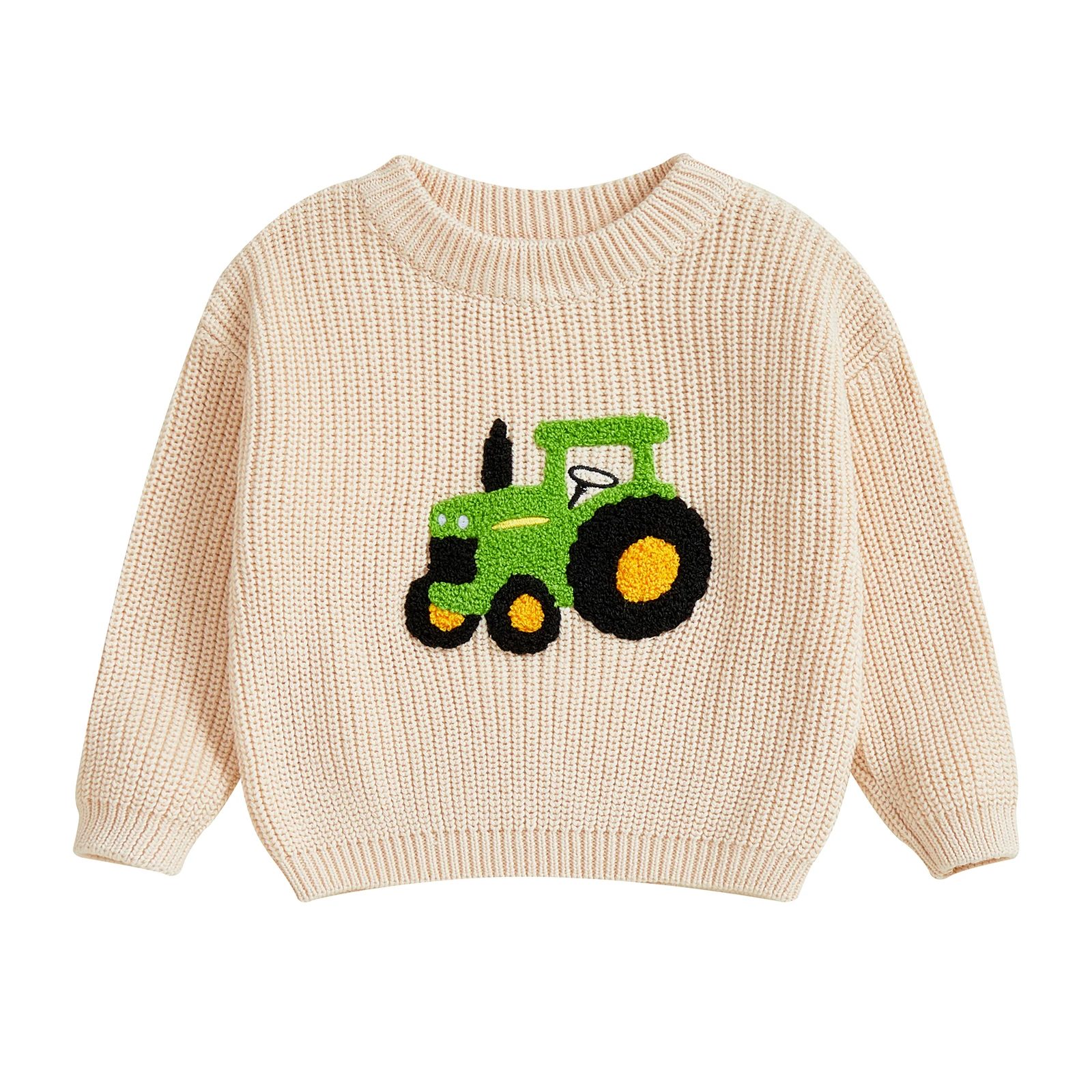

Baby Boy Sweater Long Sleeve Crew Neck Tractor Embroidery Knit Tops Newborn Casual Pullover