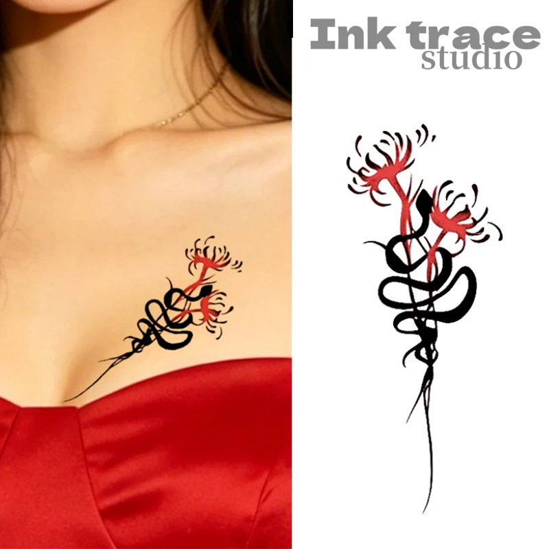 Red Spider Lily & Black Snake Gothic-Style Realistic Tattoo Body Art for Women Sleeve Length Design Full-Body Design