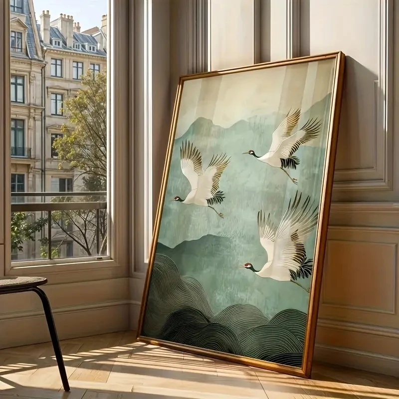 1pc Canvas Painting frameless 1pcs White Crane Flying Mountain Canvas Poster Abstract Retro Japanese Wall  Printing Modern Livin
