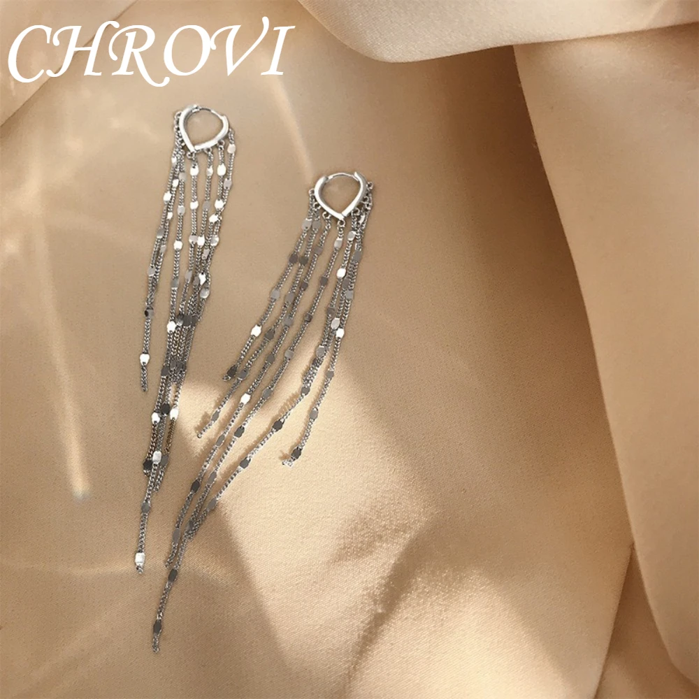 925 pure silver luxury long-style chain with fringes and shiny pieces, heart-shaped earclasp, trendy earrings for women