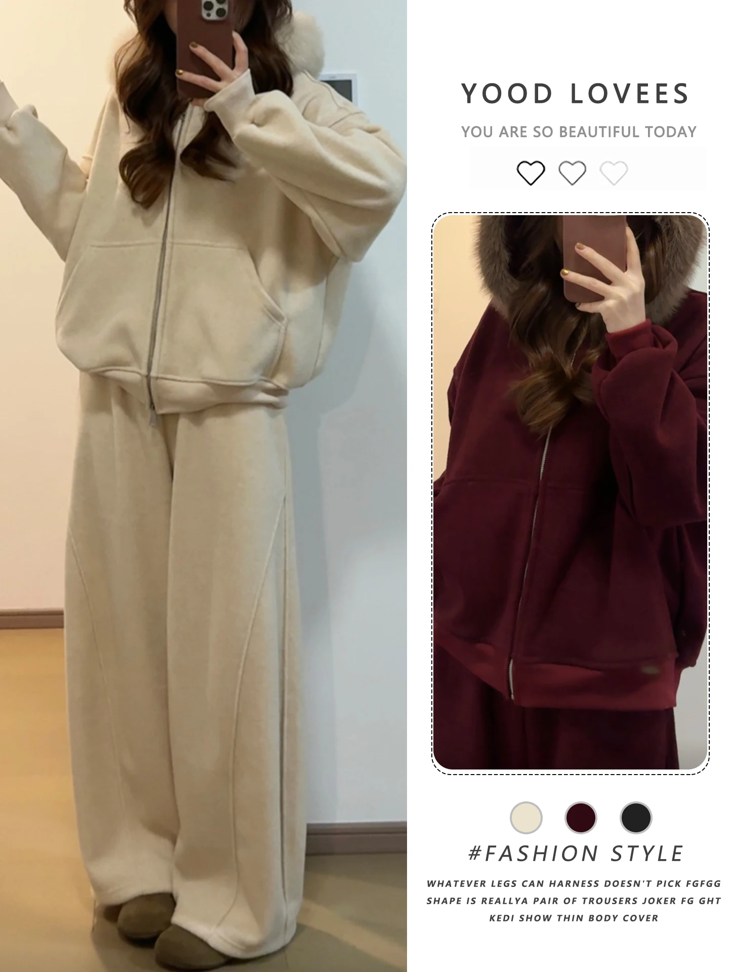 

Korean Style Fleece Lined Hooded Jacket And Wide Leg Pants Set Women's Fashion Casual Outfit Autumn Winter New Arrival