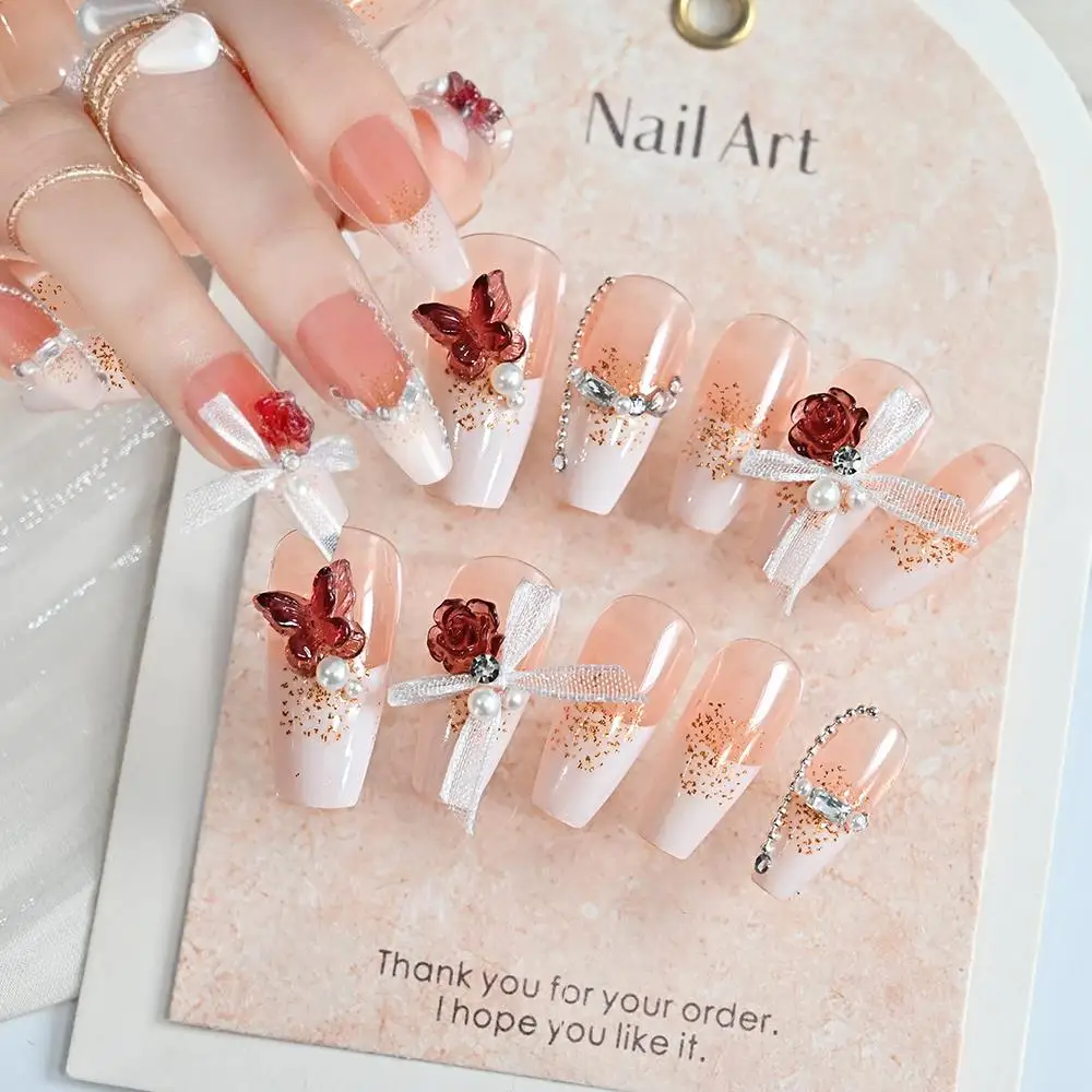 24 pièces 3D Rose papillon strass presse à la main sur les ongles français Ballet faux ongles avec ruban Organza perles faux Fingetips T