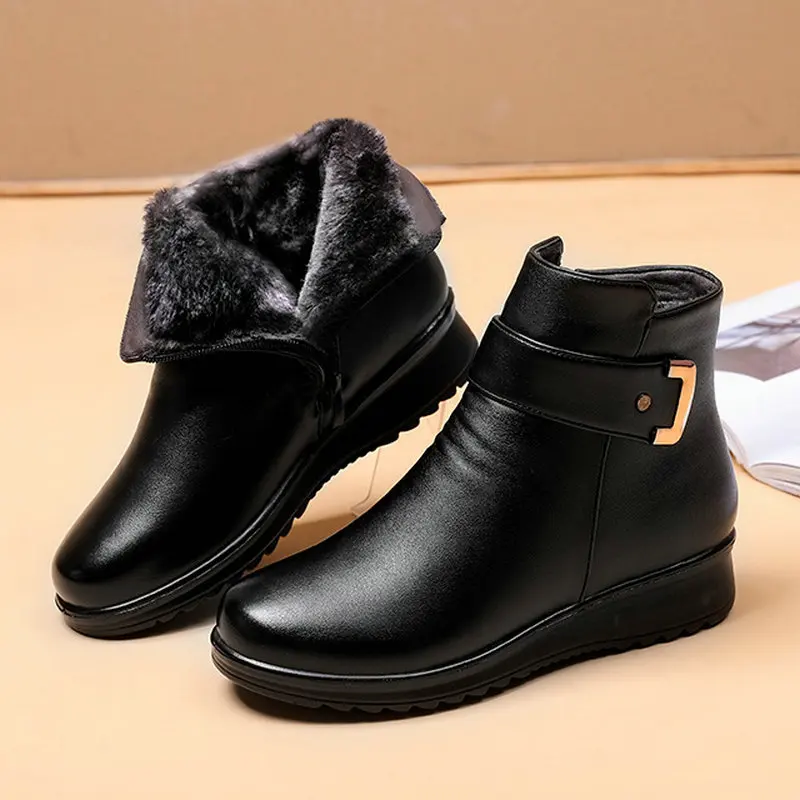 Genuine Leather Shoes for Women Ankle Boots 2024 New Winter Plush Velvet Waterproof Causal Warm Snow Boots Mother Non-slip Boots