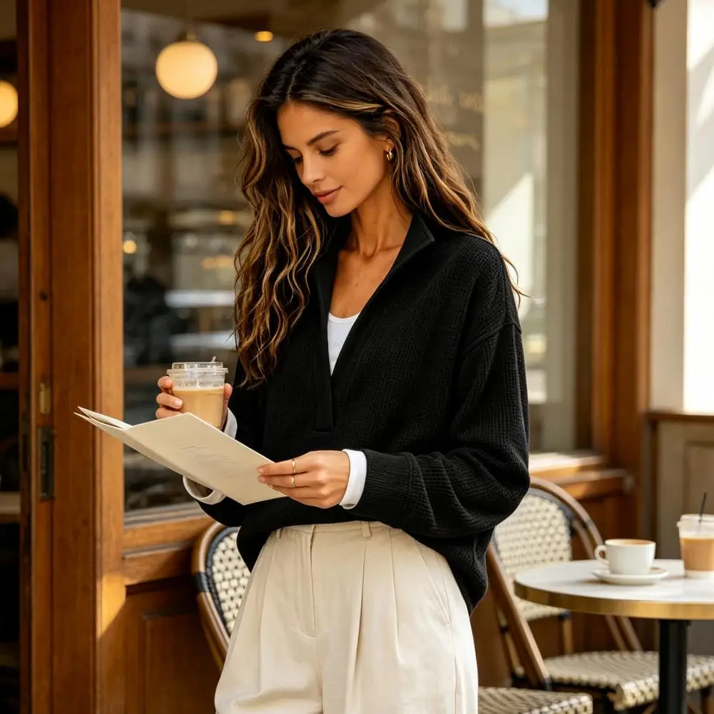 Relaxed Fit Sweatshirt Women’s Waffle Knit Pullover Shirt V-neck Long Sleeve Blouse Loose Fit Solid Color Top for Autumn