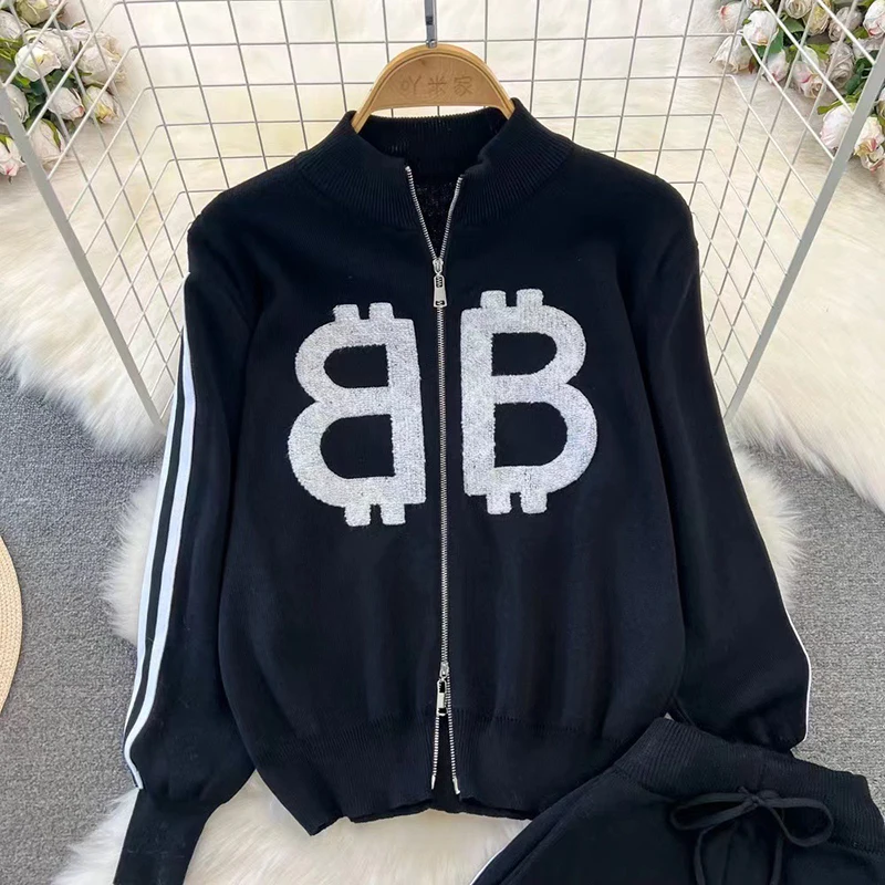 Casual Side Stripe Knitted Women Tracksuit Korea Jackets Sweatcoats Tops Two Piece Sets Lace-up High Wiast Wide Leg Pants Outfit