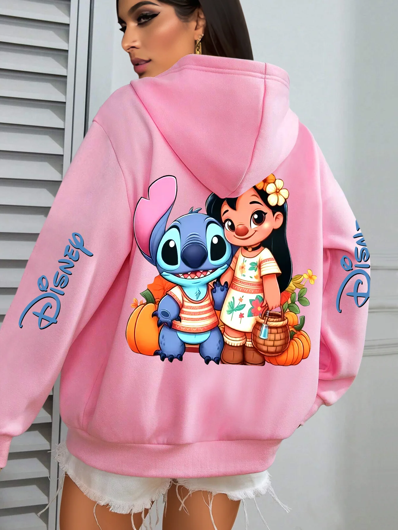 Women's Disney Lilo & Stitch Pattern Autumn and Winter Fleece Hooded Sweatshirt Unisex Streetwear Oversized Loose Casual