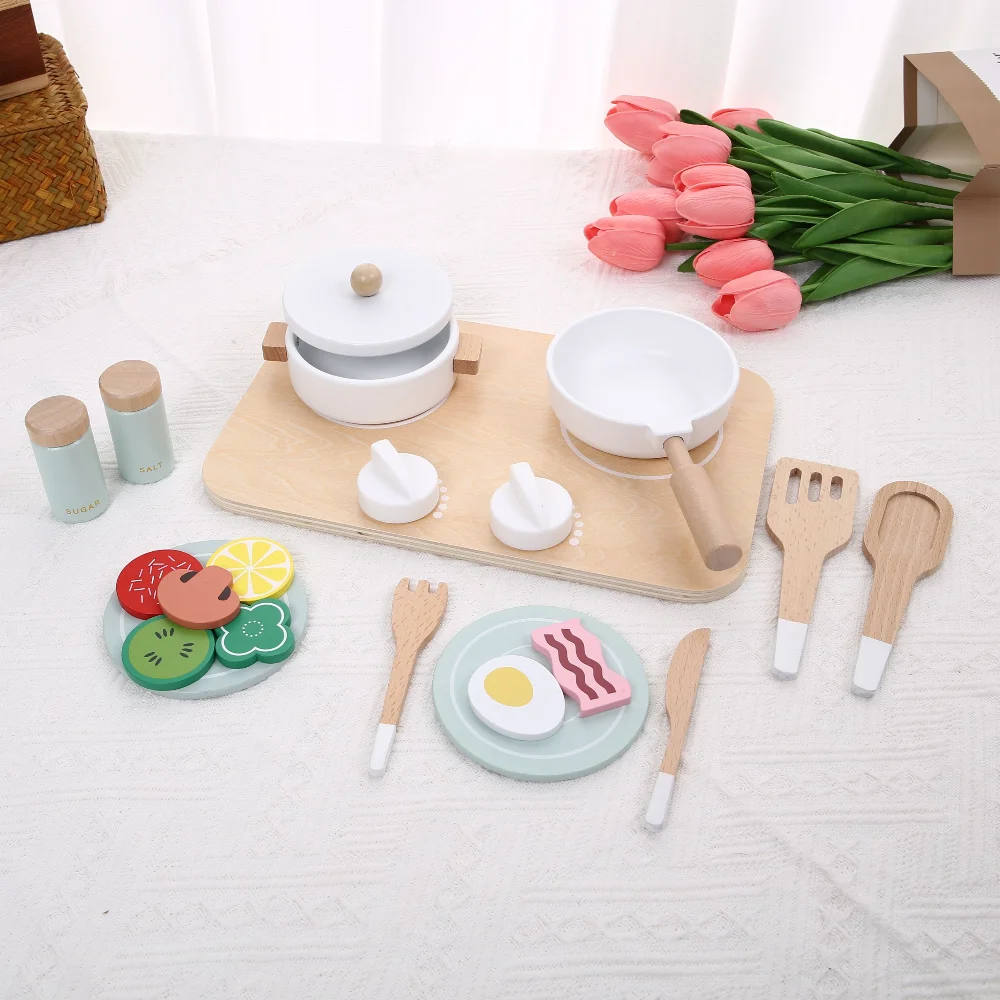 Juguetes de cocina para niños, ollas y utensilios de madera, utensilios de cocina para bebés pequeños y botellas de condimentos para cumpleaños