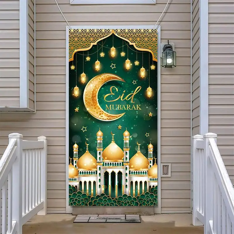 Green And Golden Porch Banner For Home 90x180cm Star Moon Lamp Print Religious Blessings Door Poster Waterproof Polyester