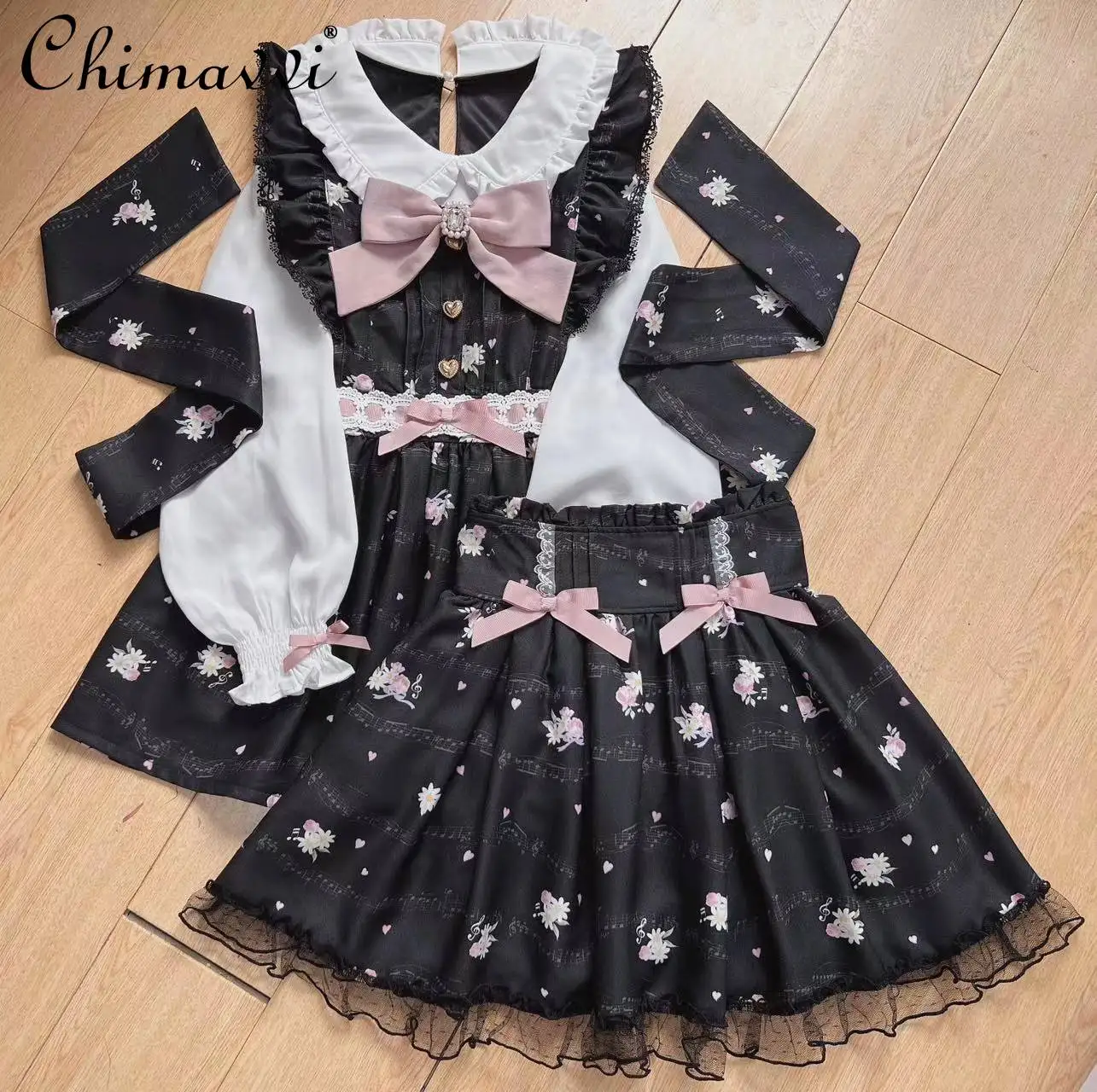 Spring and Autumn Japanese Sweet Bowknot Mine Style Dress Set Music Note Music Score Print Chiffon Floral Dress Short Skirt