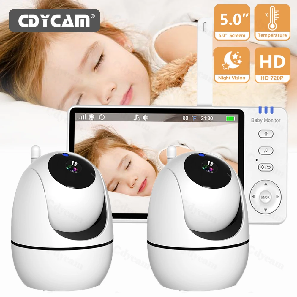 5 Inch Video Baby Monitor With Pan Tilt Camera 2.4G Mother Kids Surveillance PTZ Video Cams Temperture Display Home Security Cam