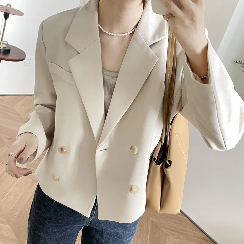 Spring Women Korean Casual Short Blazer Notched Collar Double-breasted Long Sleeve Black Mustard Yellow Beige Ladies Suit Jacket