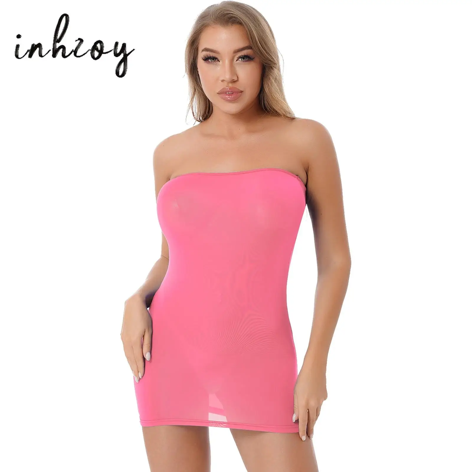 Women Sexy Mesh See-Through Tube Dress Ultrathin Glossy Transparent Bodycon Mini Pencil Dress Night Club Pole Dance Clubwear