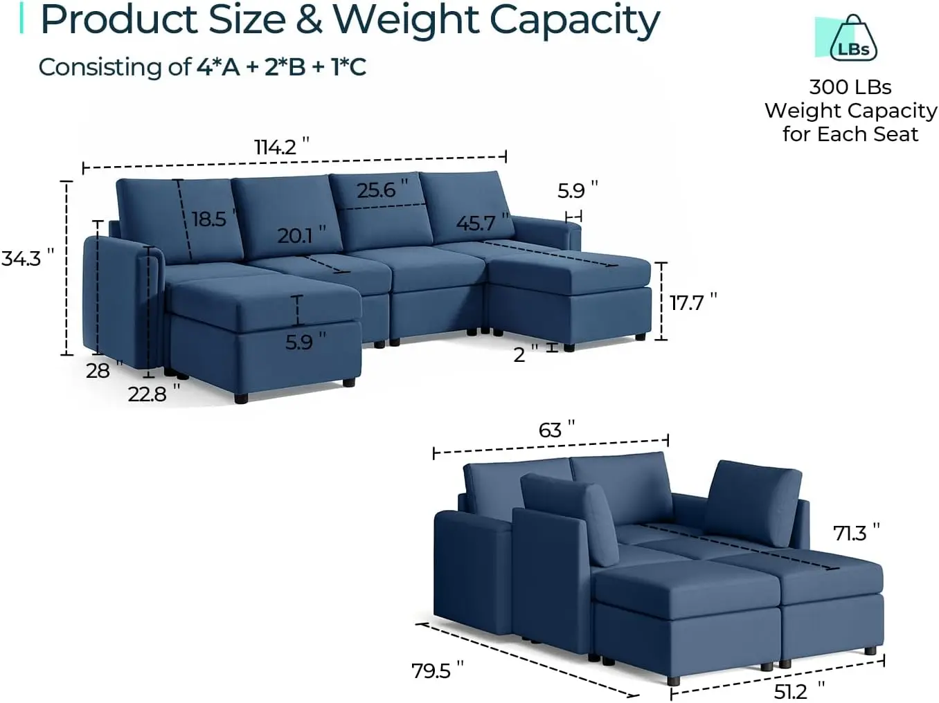 Convertible U Shaped Sofa Couch with Storage, Memory Foam, with Ottomans, Sofa Couch with Chaise for Living Room