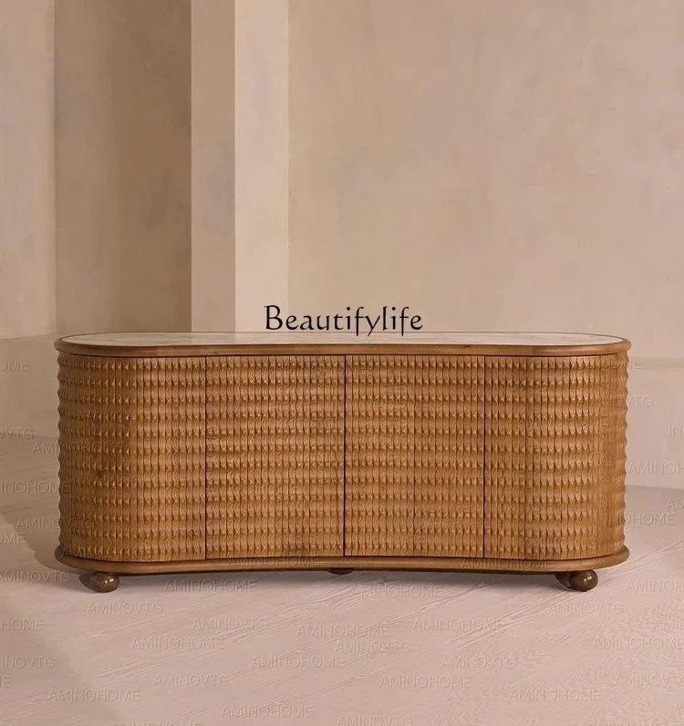 

4French retro style solid wood dining side cabinet medieval light luxury high-grade curved entrance cabinet marble countertop