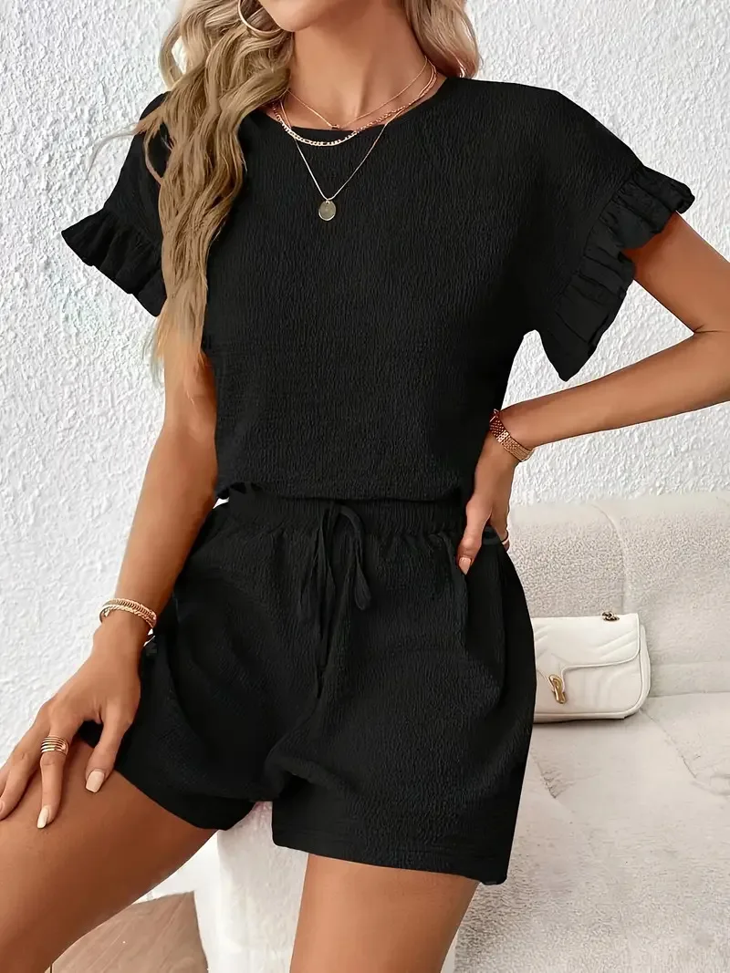 

Summer New Casual Commuting Shorts Set Fashionable Solid Color Loose Short Sleeves Top Shorts Elegant Simple Style Two-piece Set