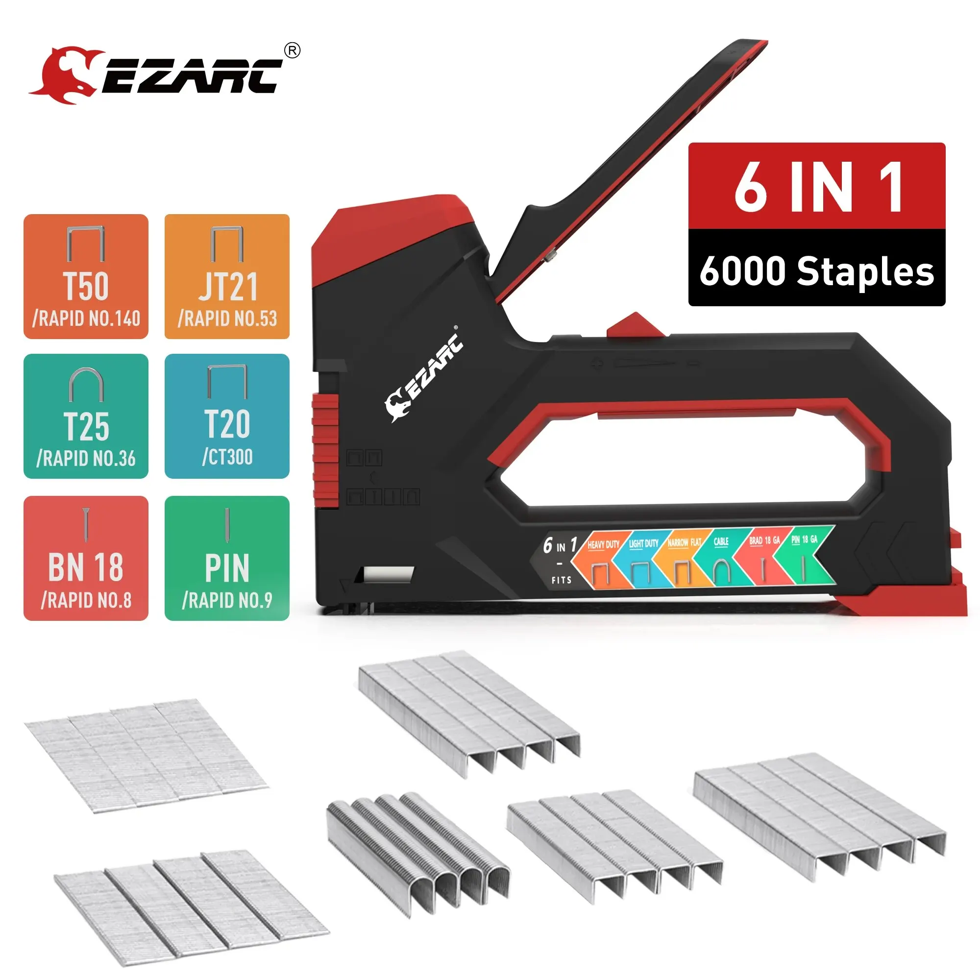 EZARC 6-in-1 Heavy Duty Staple Gun for Fixing Material Manual Nail Gun With 6000 Count Staples for Carpentry & DIY Home Decor