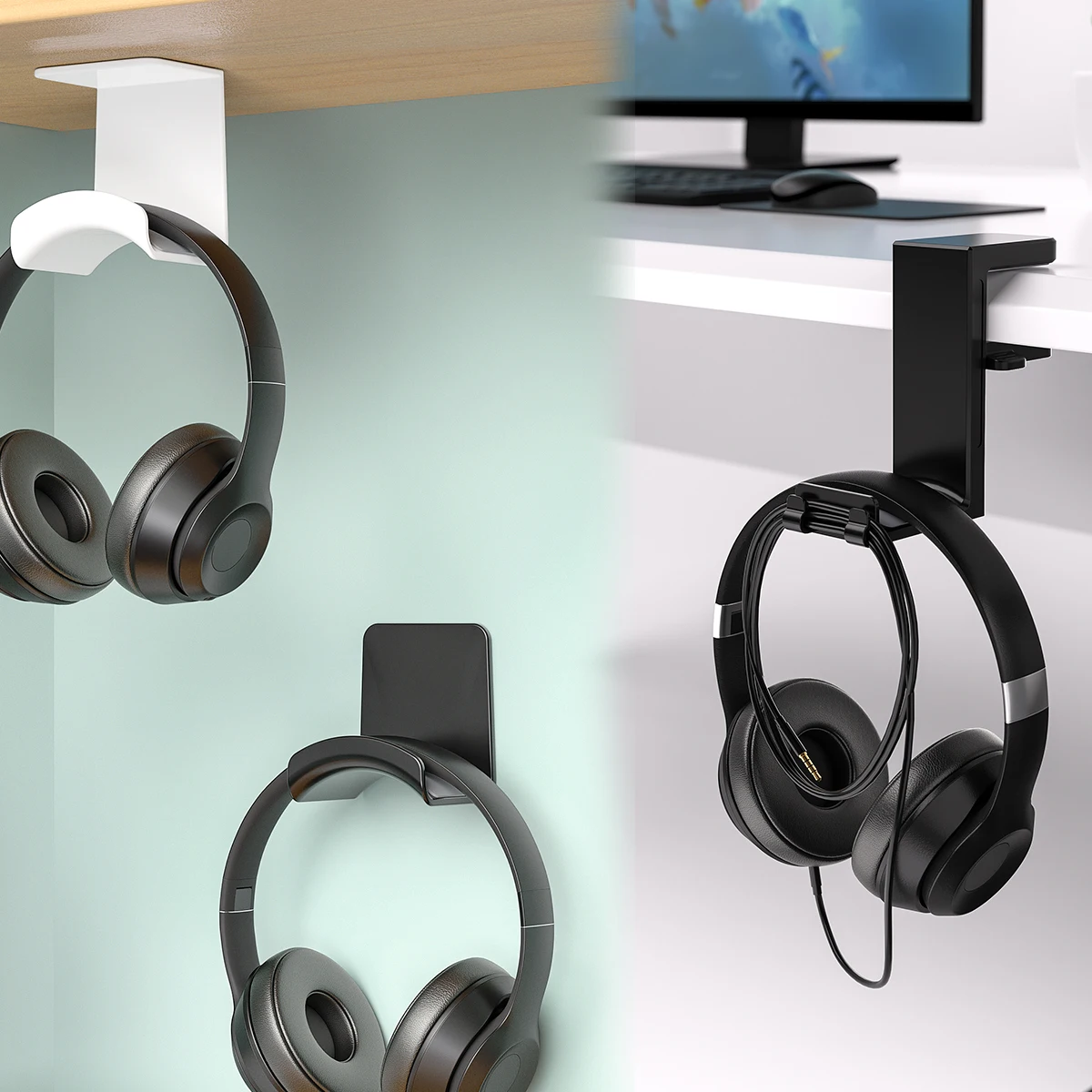 

Universal Gaming Headset Holder Headphone Hanger Clamp-On for Desk Adhesive Wall Mount Under Desk Headphone Stand Black White