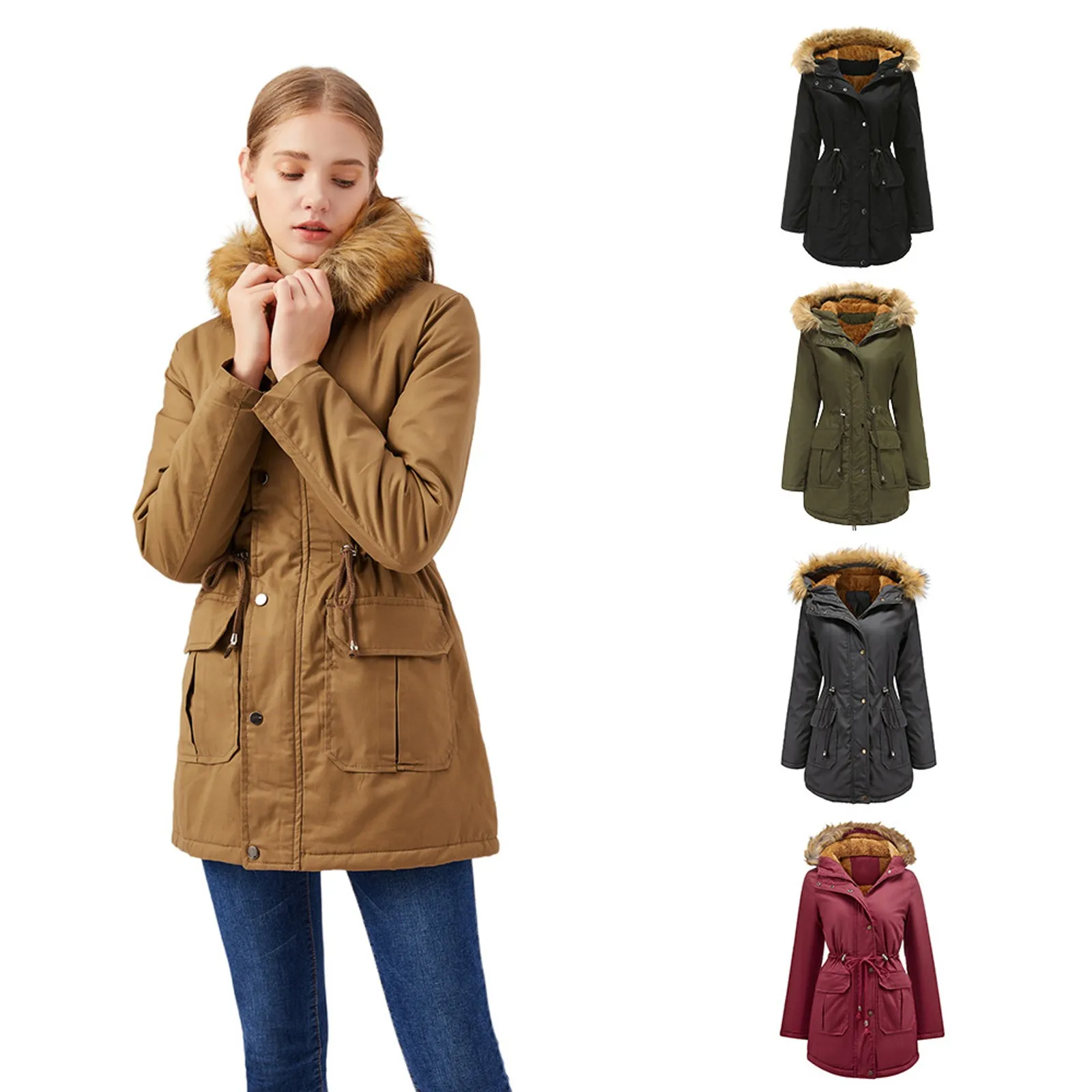 Women Jacket Velvet Cotton-padded Plush Hooded Fur Collar Winter Coat Warm Parka Plus Size Solid Color Tops Ladies