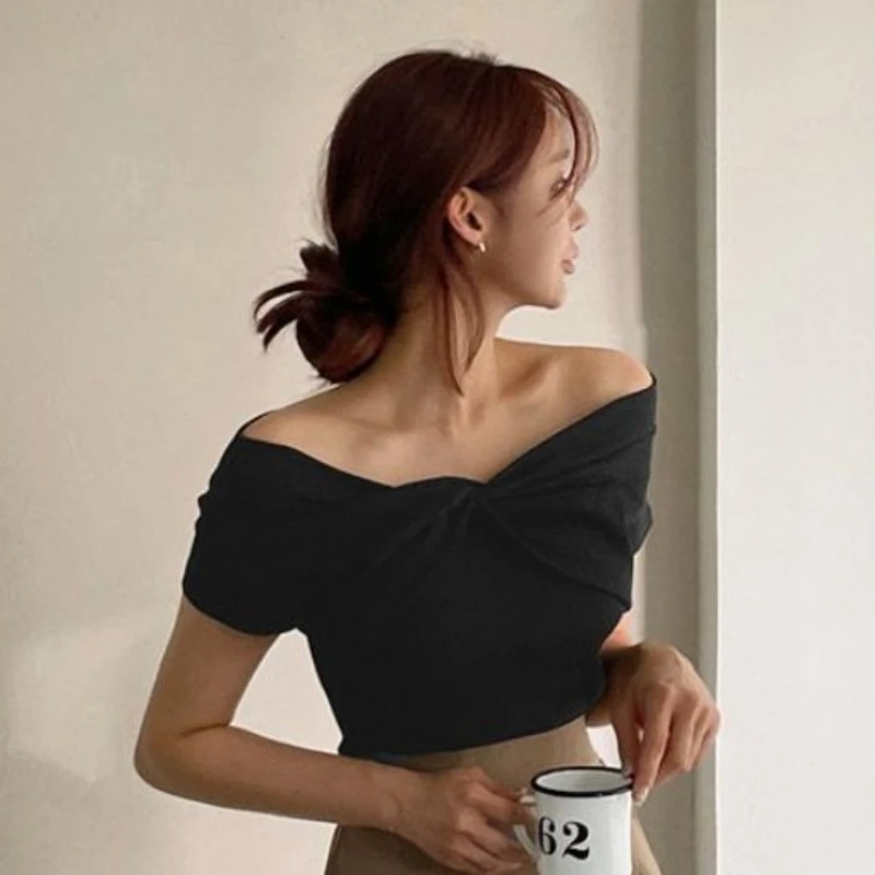 2025 Off Shoulder Sexy Shirt Women T-Shirt Short Sleeve Korean Style Slim Basic Elasticity Top Womens Cropped T Shirt Femme image 3