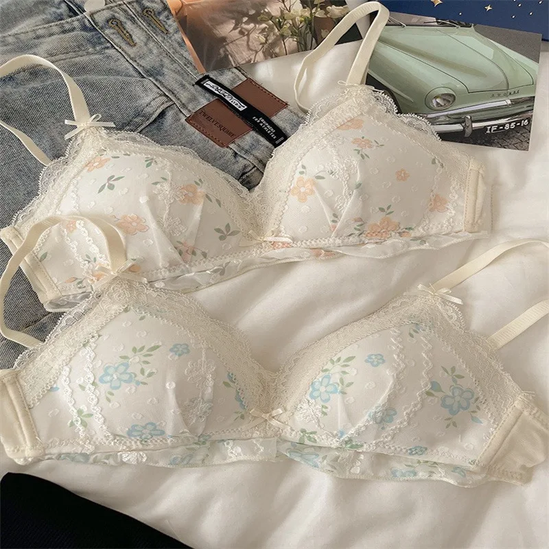Seni piccoli da donna intimi floreali francesi raccolti senza anelli in acciaio, stile estivo sottile, reggiseno dolce in pizzo puro e lussureggiante