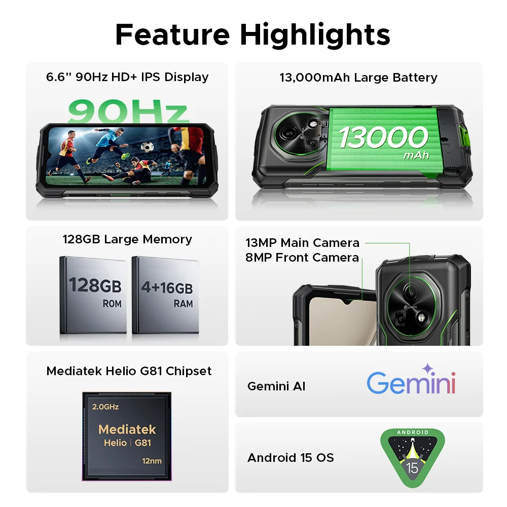 DOOGEE Fire 5 Pro Rugged Phone MTK Helio G81 13000mAh Large Battery 24GB+128GB 6.6
