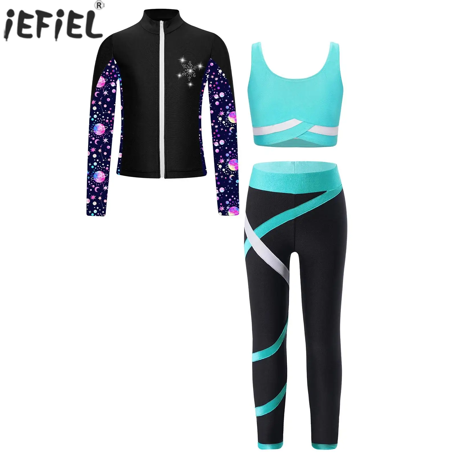 Kids Girls Figure Skating Gymnastics Costume Long Sleeves Athletic Shirt with Vest Tops Leggings Sports Workout Yoga Tracksuits