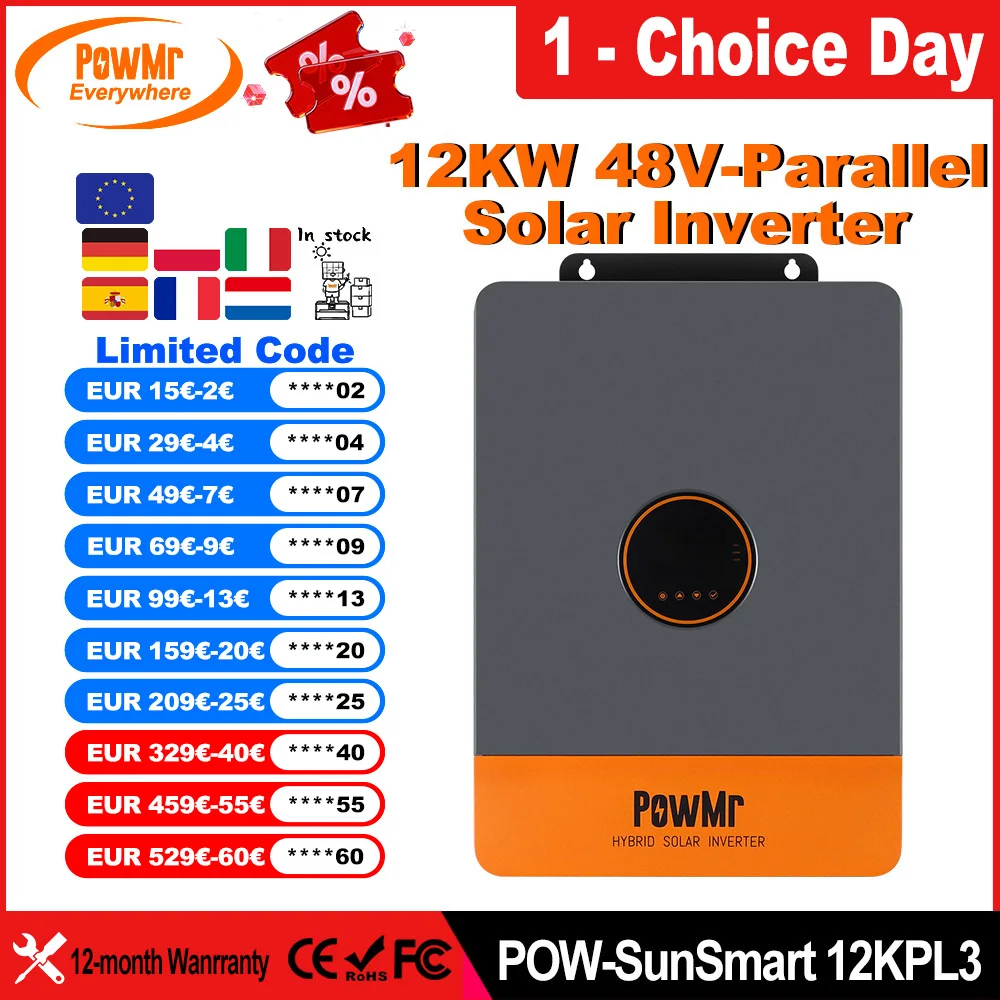 POWMr 12kW 48V Dreiphasiger paralleler Solar-Hybridwechselrichter mit Doppel-MPPT 260A Laderegler max PV-Eingang 9000W 800V DC Li-Ion Gel Nassbatterie zeitgesteuerte Ladung Entladung UPS