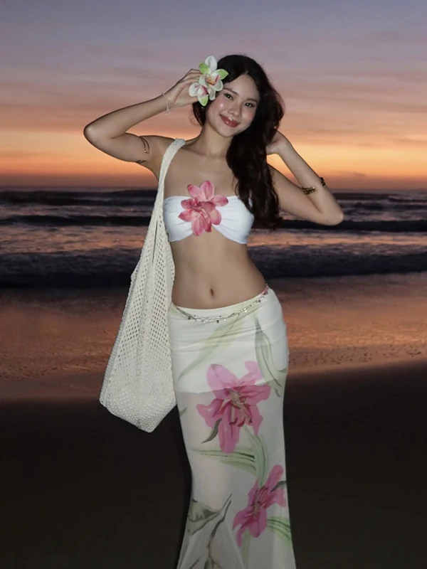 

SylCue праздничный укороченный топ с цветочным принтом для похудения, жилет, пляжная юбка с запахом, комплект из двух предметов, женский модный летний наряд