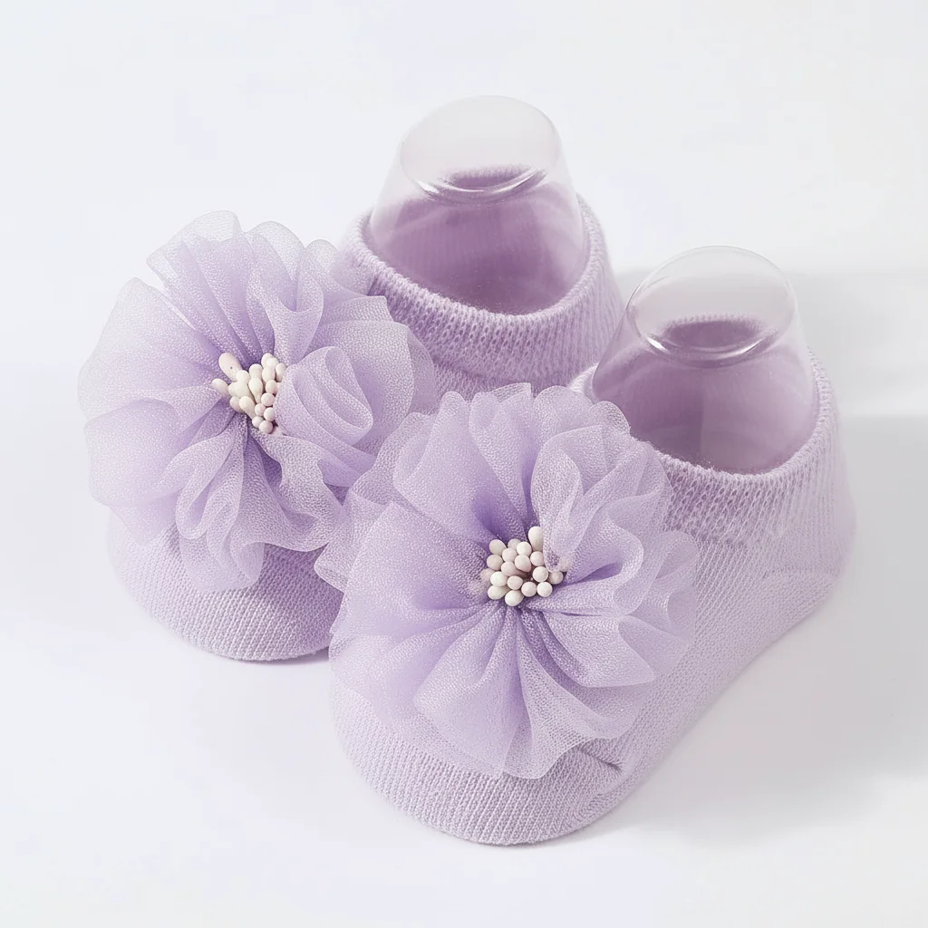 1 Pair Organza Baby Non Slip Floor Socks Handmade Adhesive Knitted Childrens' Socks Solid Color  Breathable Walking Baby Socks