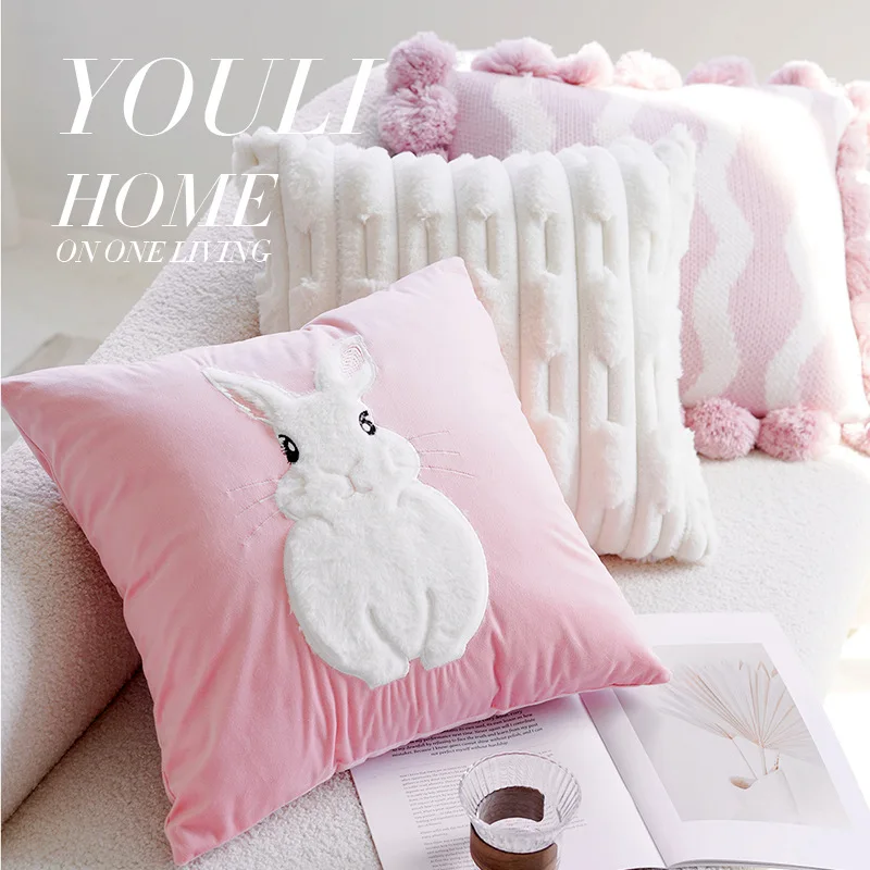 45x45CM Pink Cute Rabbit Throw Pillow Cover Cream Simple Stamping Waist Cushion Cover Decor Home Decorative Pillowcase