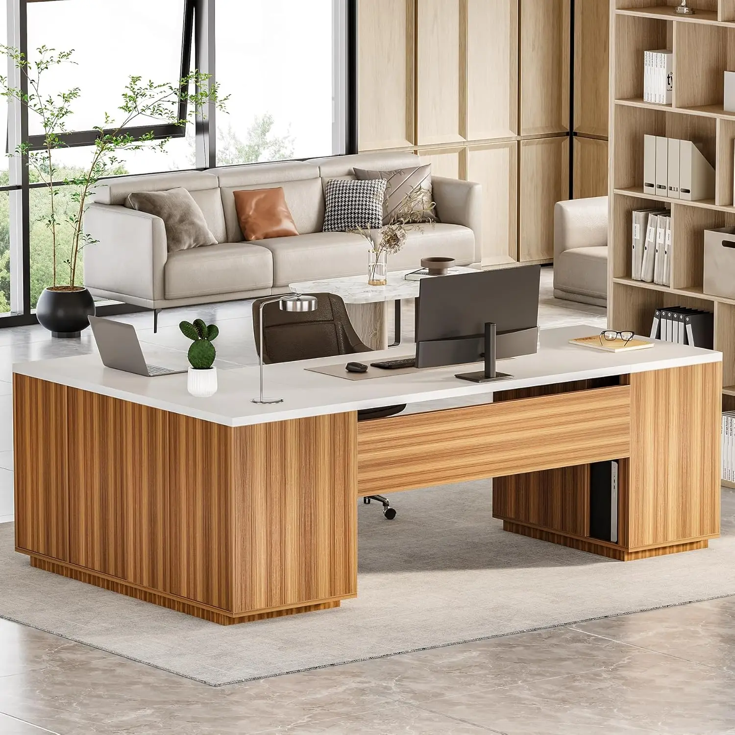 

87-Inch Modern Executive Desk, Large Home Office Desk with 3-Drawer File Cabinet, Spacious Workstation (White & Brown)