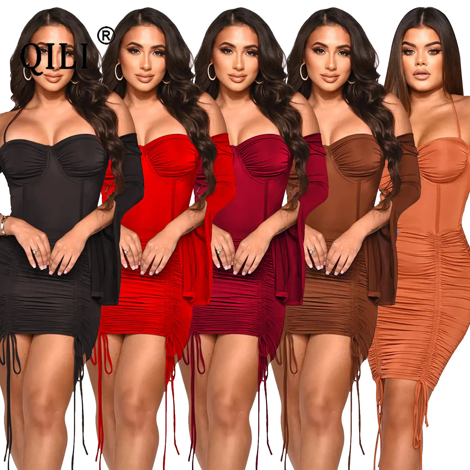 

Women's Strapless Ruffle Lace Up Long Sleeved Short Dress, Shirring Pleated Off The Shoulder Dresses, Halter Full Sleeve