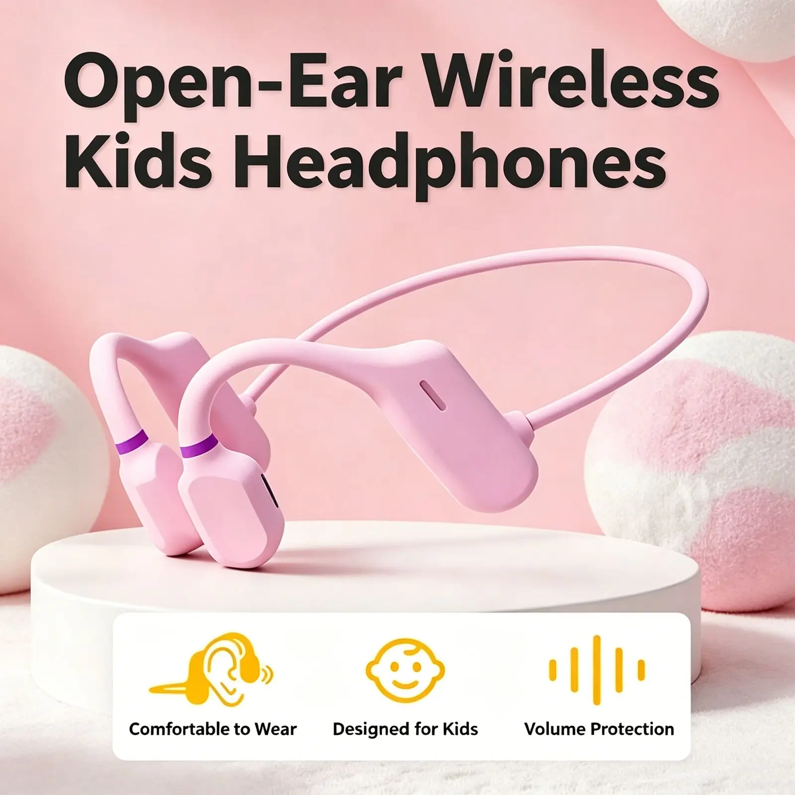 

Cute Pink Children's Headphones Bluetooth 5.3 Ear-Hook Bone Conduction IPX4 Waterproof Sports Headset Non in Ear 16g Lightweight